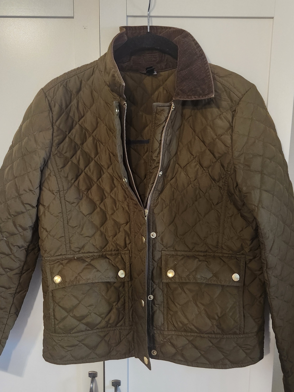 J. Crew Olive Green Quilted Field Jacket with Brown Corduroy Collar